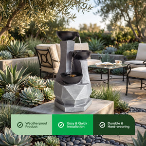 Faceted Column Three Bowl Solar Water Feature with LED Lights and Battery Backup