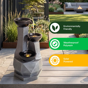 Faceted Column Three Bowl Solar Water Feature with LED Lights and Battery Backup