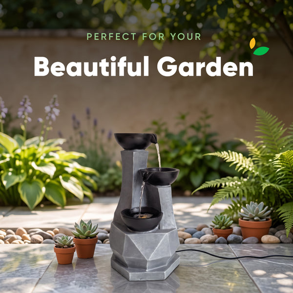 Faceted Column Three Bowl Solar Water Feature with LED Lights and Battery Backup