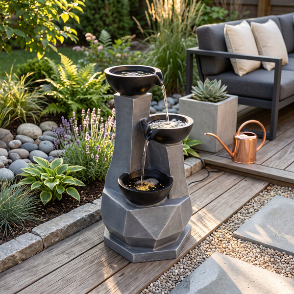 Faceted Column Three Bowl Solar Water Feature with LED Lights and Battery Backup