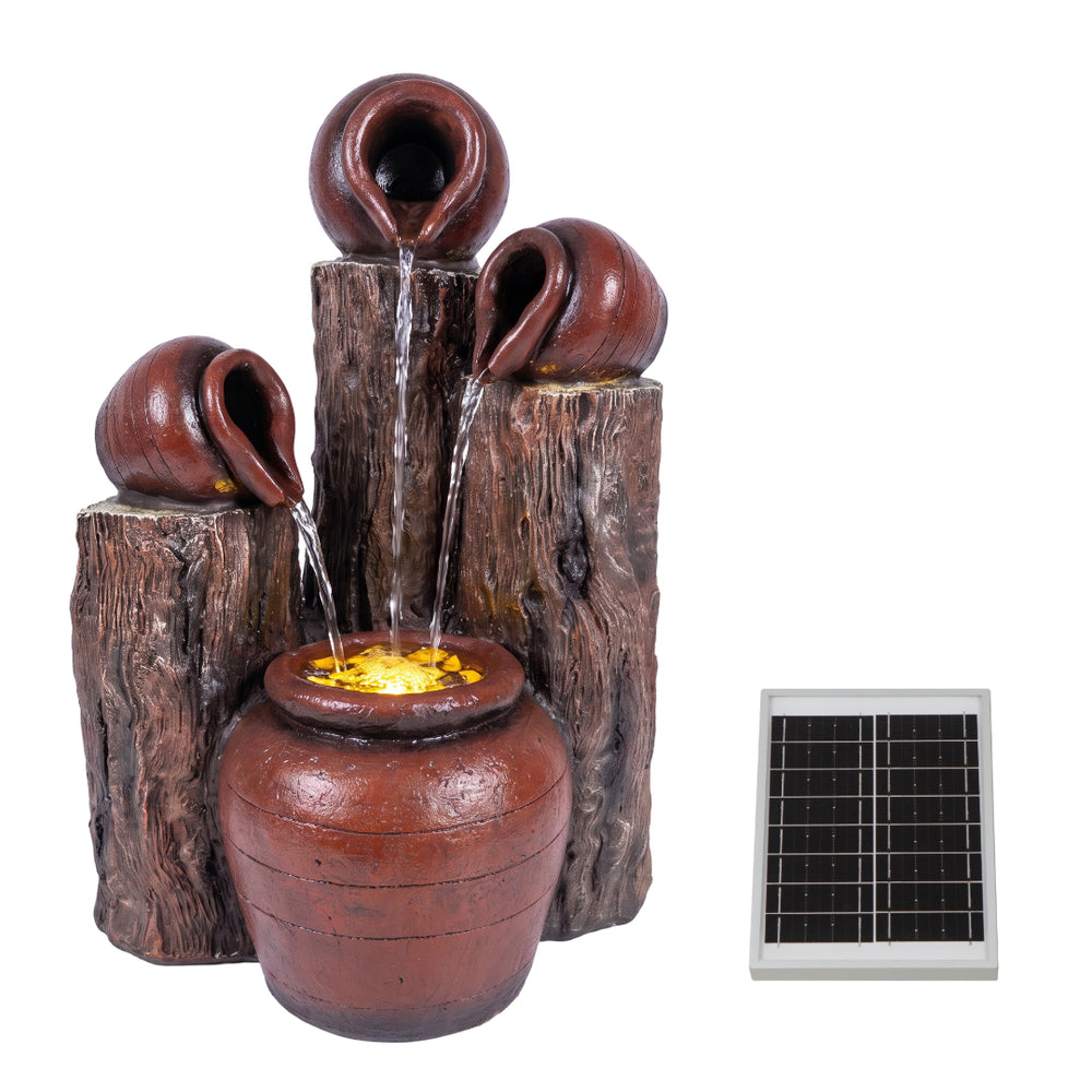 Urns & Tree Stump Solar Water Feature with LED Lights and Battery Backup