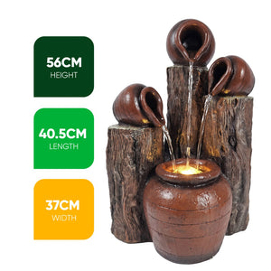 Urns & Tree Stump Solar Water Feature with LED Lights and Battery Backup