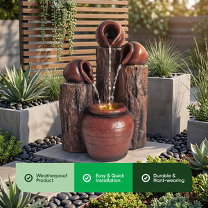 Urns & Tree Stump Solar Water Feature with LED Lights and Battery Backup