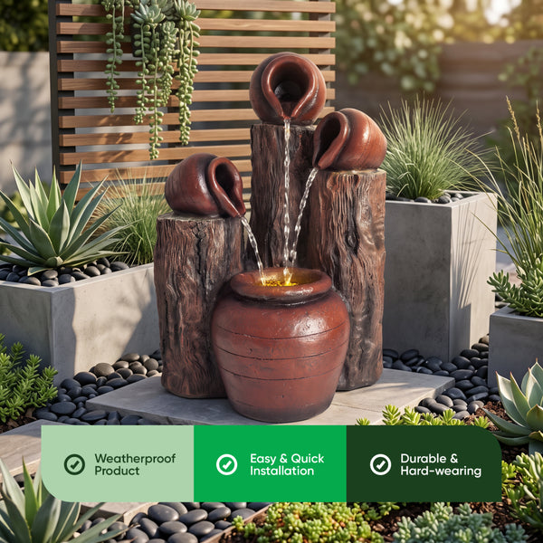 Urns & Tree Stump Solar Water Feature with LED Lights and Battery Backup