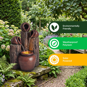 Urns & Tree Stump Solar Water Feature with LED Lights and Battery Backup