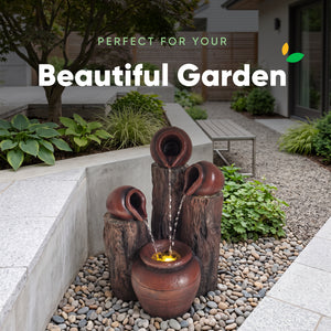 Urns & Tree Stump Solar Water Feature with LED Lights and Battery Backup