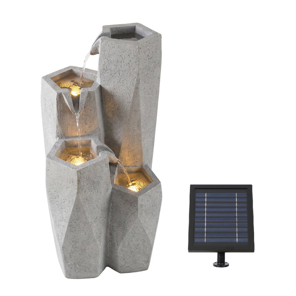 Faceted Stone Columns Solar Water Feature with LED Lights and Battery Backup