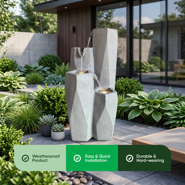 Faceted Stone Columns Solar Water Feature with LED Lights and Battery Backup