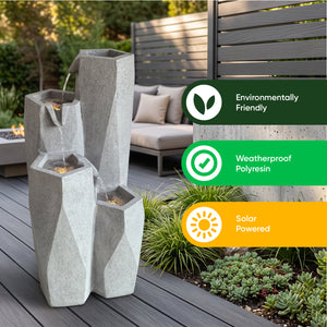 Faceted Stone Columns Solar Water Feature with LED Lights and Battery Backup