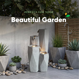 Faceted Stone Columns Solar Water Feature with LED Lights and Battery Backup