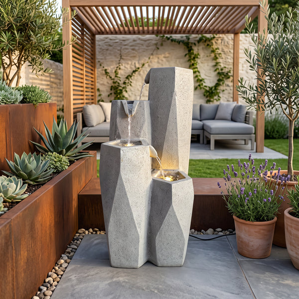 Faceted Stone Columns Solar Water Feature with LED Lights and Battery Backup