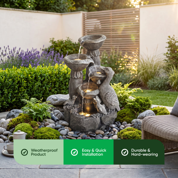 Birds & Shell Bowls Solar Water Feature with LED Lights and Battery Backup