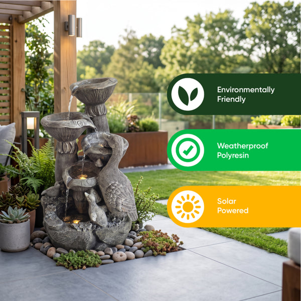 Birds & Shell Bowls Solar Water Feature with LED Lights and Battery Backup