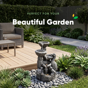 Birds & Shell Bowls Solar Water Feature with LED Lights and Battery Backup