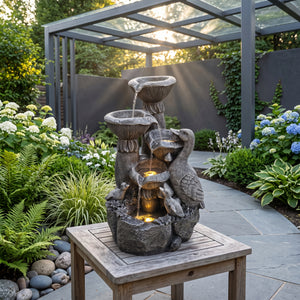 Birds & Shell Bowls Solar Water Feature with LED Lights and Battery Backup