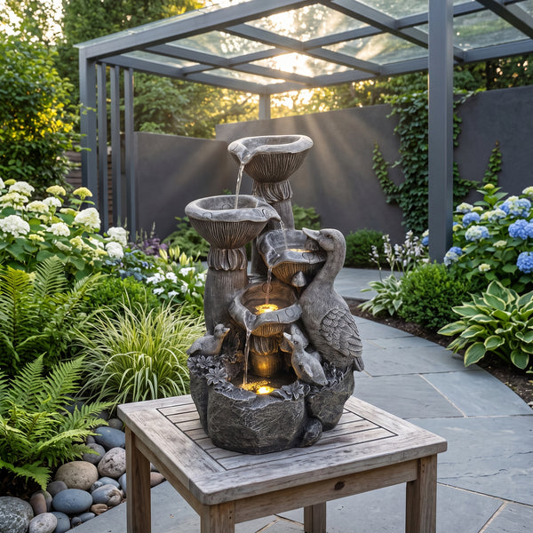 Birds & Shell Bowls Solar Water Feature with LED Lights and Battery Backup