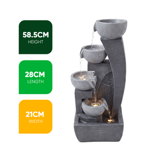 Curved Four Bowl Solar Water Feature with LED Lights and Battery Backup