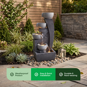 Curved Four Bowl Solar Water Feature with LED Lights and Battery Backup