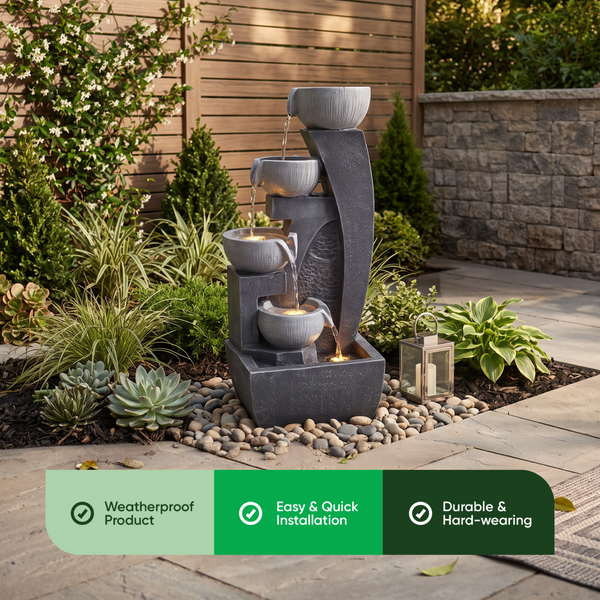 Curved Four Bowl Solar Water Feature with LED Lights and Battery Backup