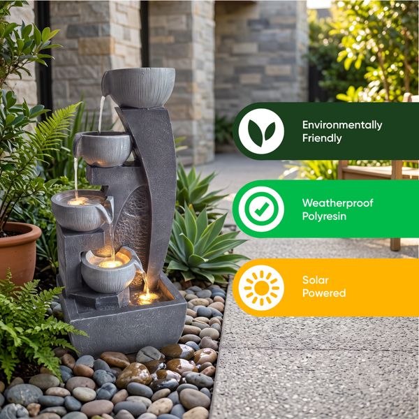 Curved Four Bowl Solar Water Feature with LED Lights and Battery Backup