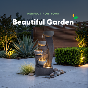 Curved Four Bowl Solar Water Feature with LED Lights and Battery Backup