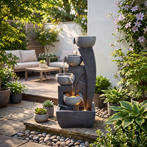 Curved Four Bowl Solar Water Feature with LED Lights and Battery Backup