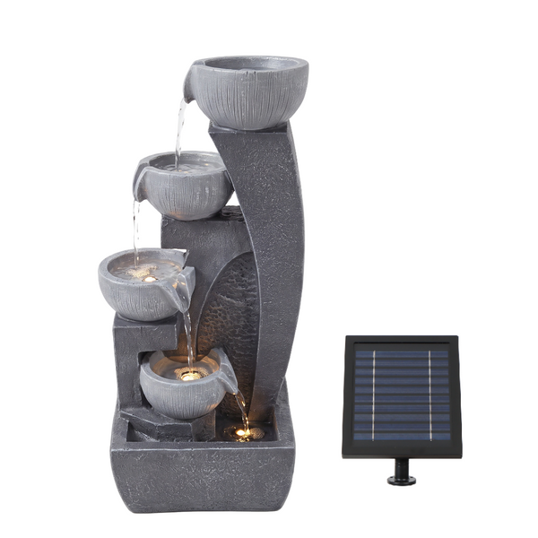 Curved Four Bowl Solar Water Feature with LED Lights and Battery Backup