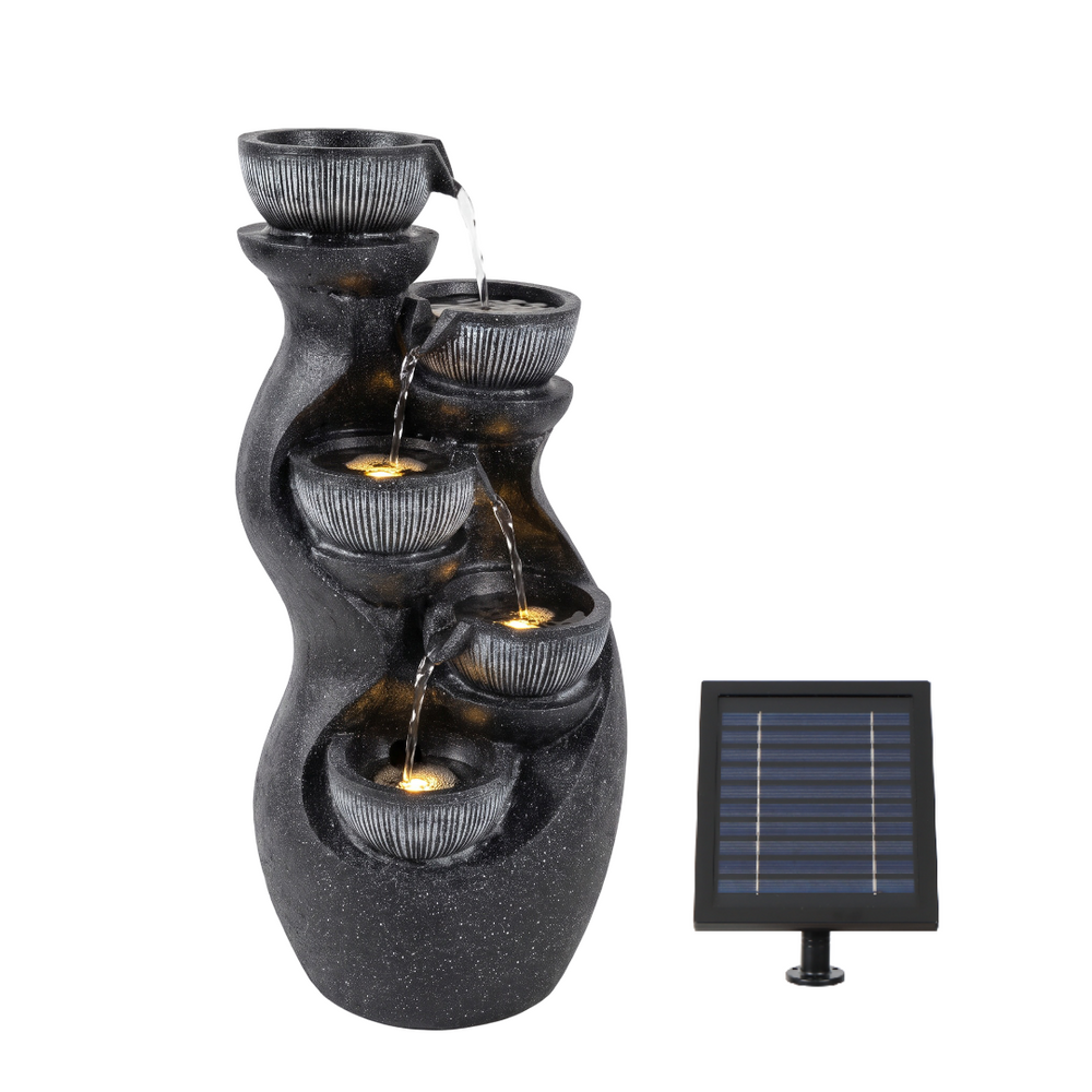 Curved Urn Bowl Cascade Solar Water Feature with LED Lights and Battery Backup