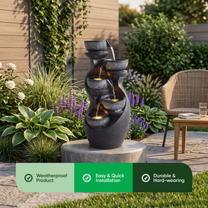 Curved Urn Bowl Cascade Solar Water Feature with LED Lights and Battery Backup