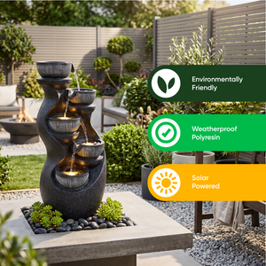Curved Urn Bowl Cascade Solar Water Feature with LED Lights and Battery Backup