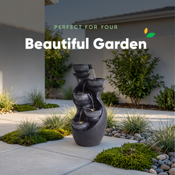 Curved Urn Bowl Cascade Solar Water Feature with LED Lights and Battery Backup