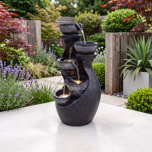 Curved Urn Bowl Cascade Solar Water Feature with LED Lights and Battery Backup