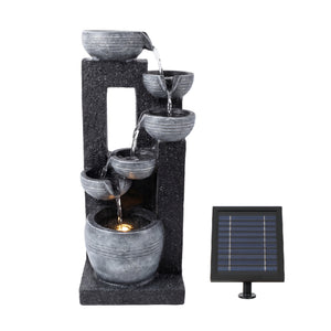 Mirrored Column Bowl Cascade Solar Water Feature with LED Lights and Battery Backup