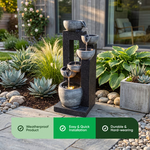 Mirrored Column Bowl Cascade Solar Water Feature with LED Lights and Battery Backup