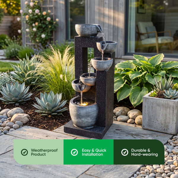 Mirrored Column Bowl Cascade Solar Water Feature with LED Lights and Battery Backup