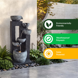 Mirrored Column Bowl Cascade Solar Water Feature with LED Lights and Battery Backup