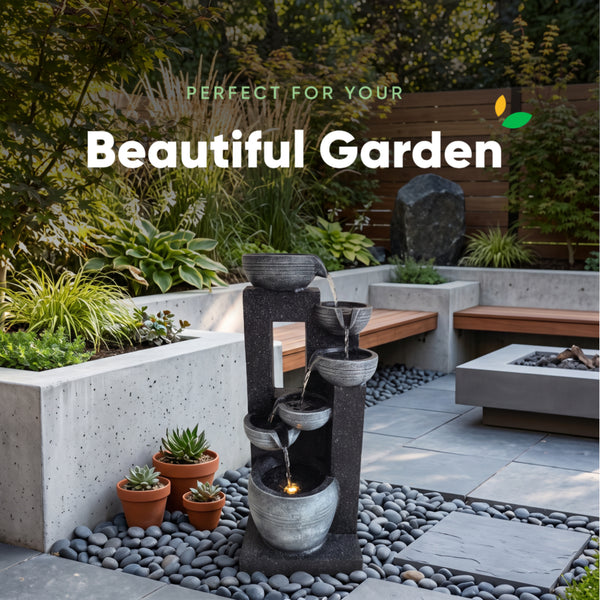 Mirrored Column Bowl Cascade Solar Water Feature with LED Lights and Battery Backup