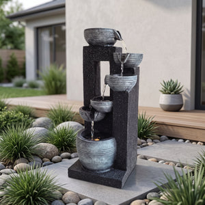Mirrored Column Bowl Cascade Solar Water Feature with LED Lights and Battery Backup