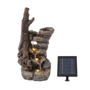 Tree Trunk & Rock Cascade Solar Water Feature with LED Lights and Battery Backup