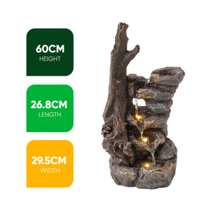 Tree Trunk & Rock Cascade Solar Water Feature with LED Lights and Battery Backup