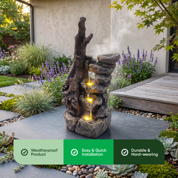 Tree Trunk & Rock Cascade Solar Water Feature with LED Lights and Battery Backup