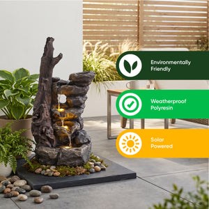 Tree Trunk & Rock Cascade Solar Water Feature with LED Lights and Battery Backup