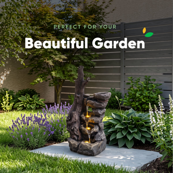 Tree Trunk & Rock Cascade Solar Water Feature with LED Lights and Battery Backup