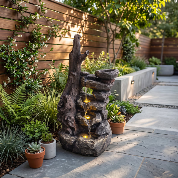Tree Trunk & Rock Cascade Solar Water Feature with LED Lights and Battery Backup