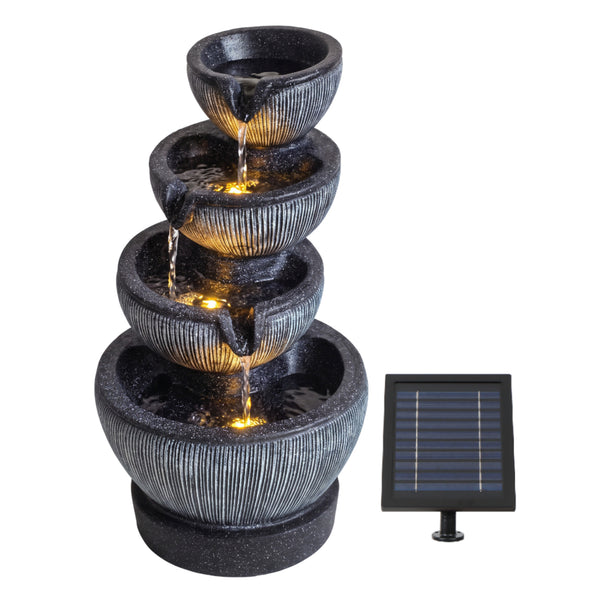 Stacked Ribbed Bowl Solar Water Feature with LED Lights and Battery Backup