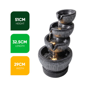 Stacked Ribbed Bowl Solar Water Feature with LED Lights and Battery Backup