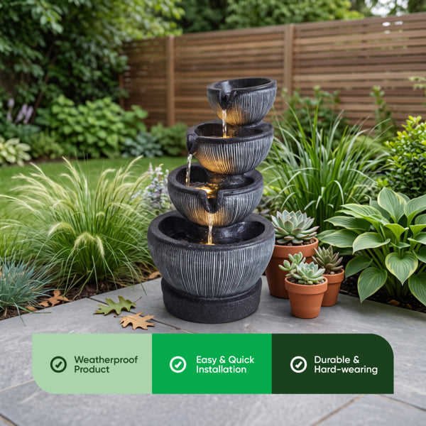 Stacked Ribbed Bowl Solar Water Feature with LED Lights and Battery Backup
