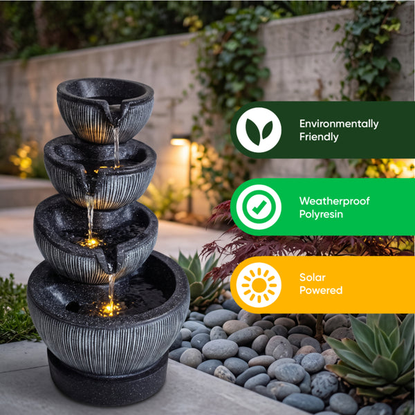 Stacked Ribbed Bowl Solar Water Feature with LED Lights and Battery Backup