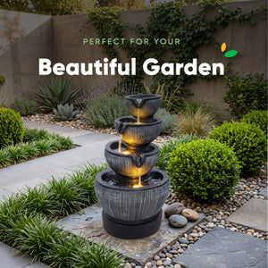 Stacked Ribbed Bowl Solar Water Feature with LED Lights and Battery Backup