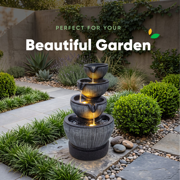 Stacked Ribbed Bowl Solar Water Feature with LED Lights and Battery Backup
